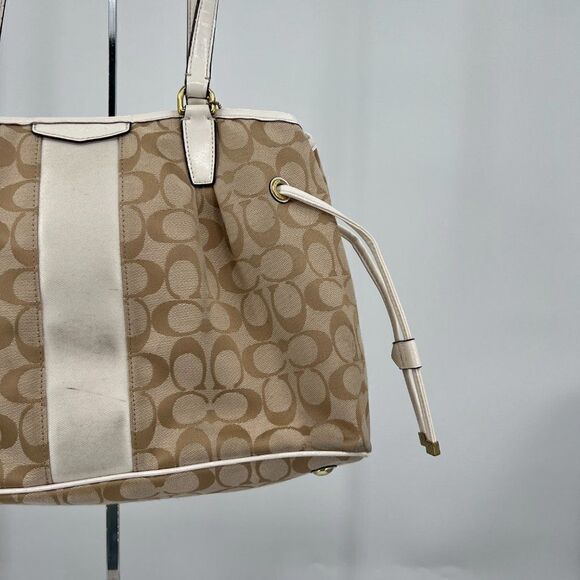 Coach Signature Stripe Brown Drawstring Shoulder Handbag Satchel F28501 - Picture 4 of 11